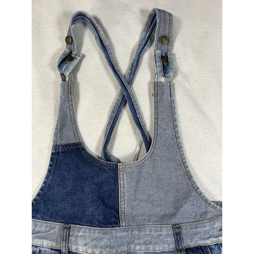 Free People Patchwork Denim Overalls Dress Mini Frayed Hem Blue Western Size 12 - Picture 5 of 7